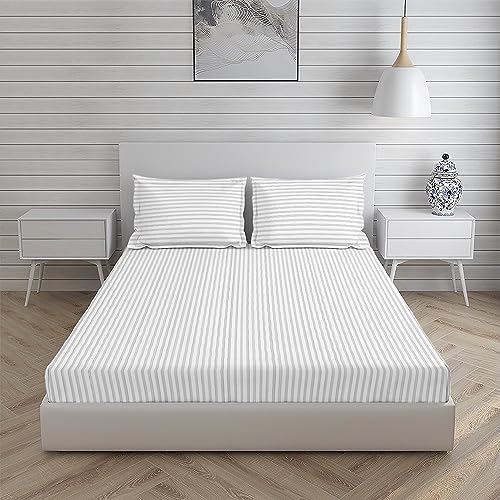 Osric Glace Cotton Fitted Queen Size Double Bedsheet 90x100 inch with 2 Pillow Cover 18x28 inch for Home, Hotel, Guest Room (Grey 300)
