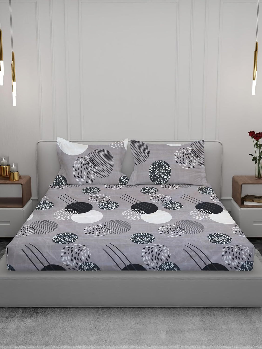 Osric Cotton Elastic Fitted Bedsheet Set, King Size Double Bed 90 x 100, with 2 Pillow Covers Print (Grey Circle 6)