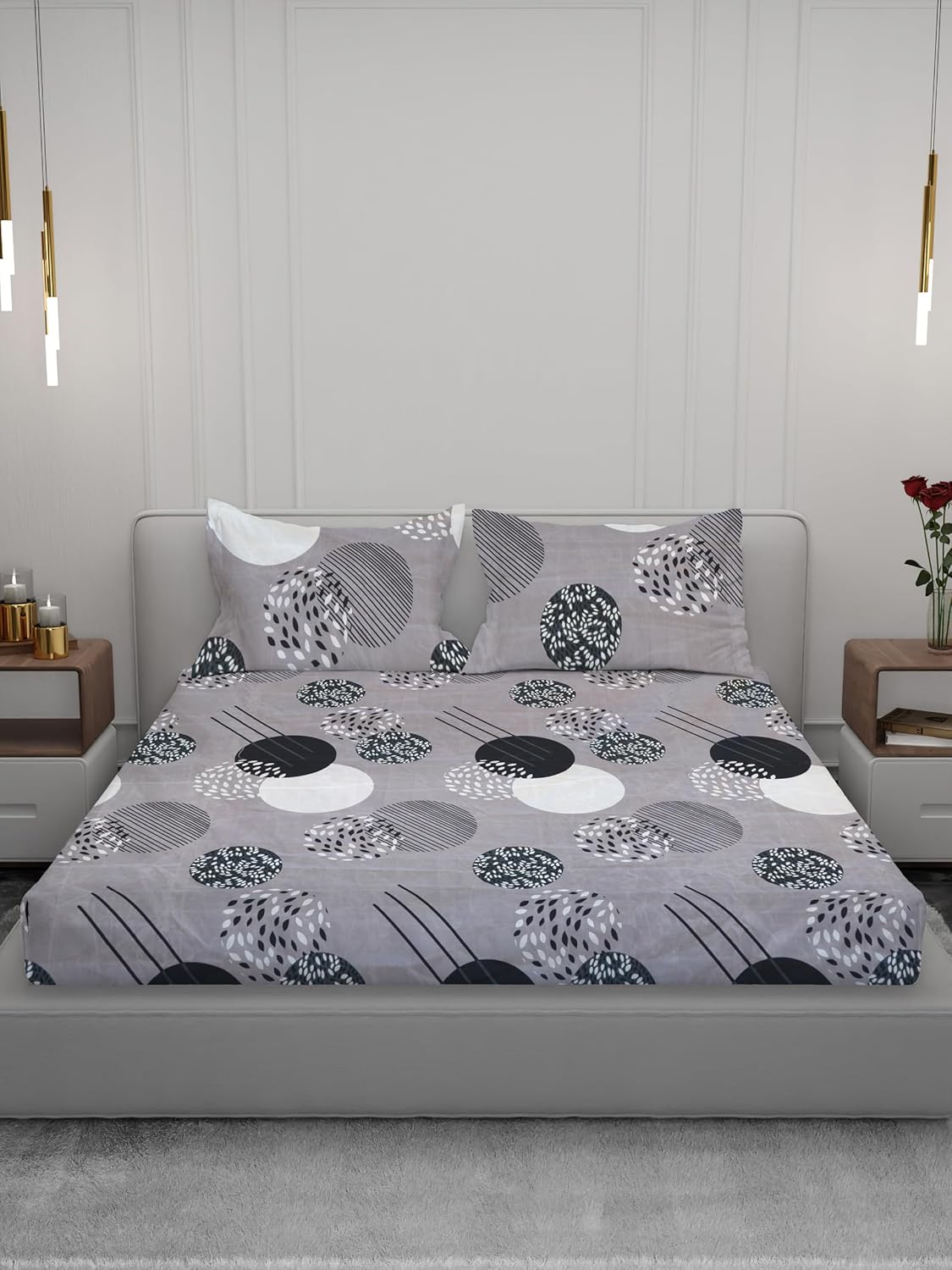 Osric Cotton Elastic Fitted Bedsheet Set, King Size Double Bed 90 x 100, with 2 Pillow Covers Print (Grey Circle 6)
