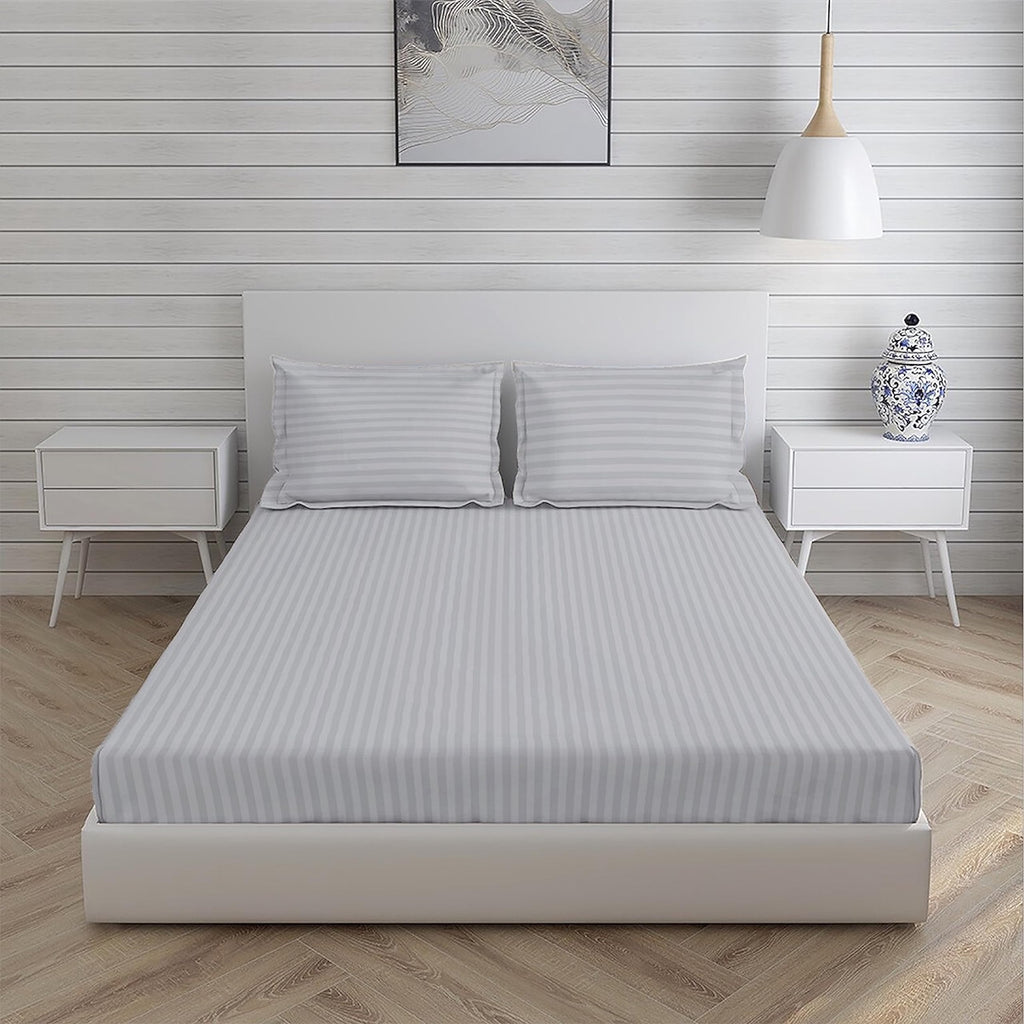 Osric Glace Cotton Fitted Queen Size Double Bedsheet 90x100 inch with 2 Pillow Cover 18x28 inch for Home, Hotel, Guest Room (Grey 300)