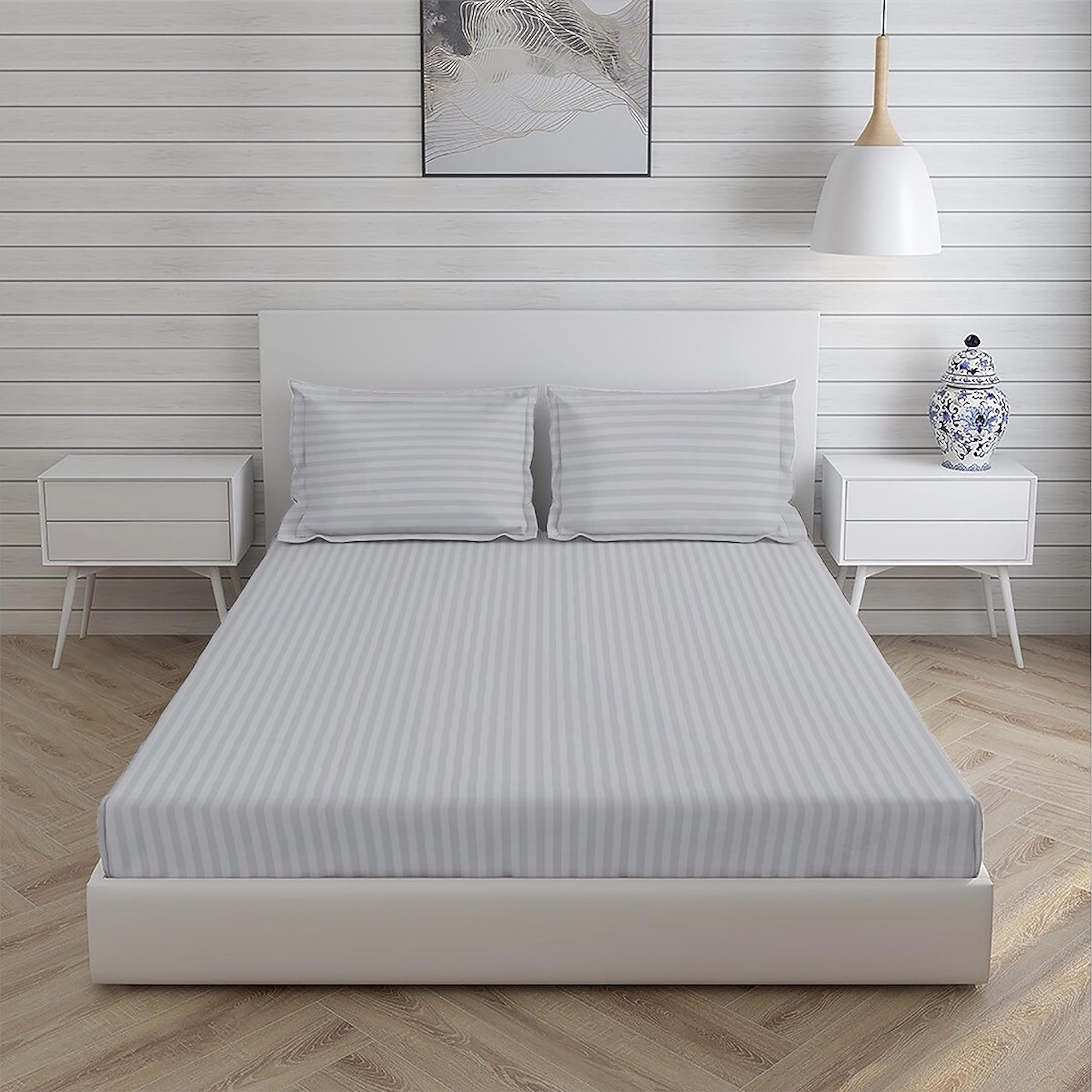 Osric Glace Cotton Fitted Queen Size Double Bedsheet 90x100 inch with 2 Pillow Cover 18x28 inch for Home, Hotel, Guest Room (Grey 300)