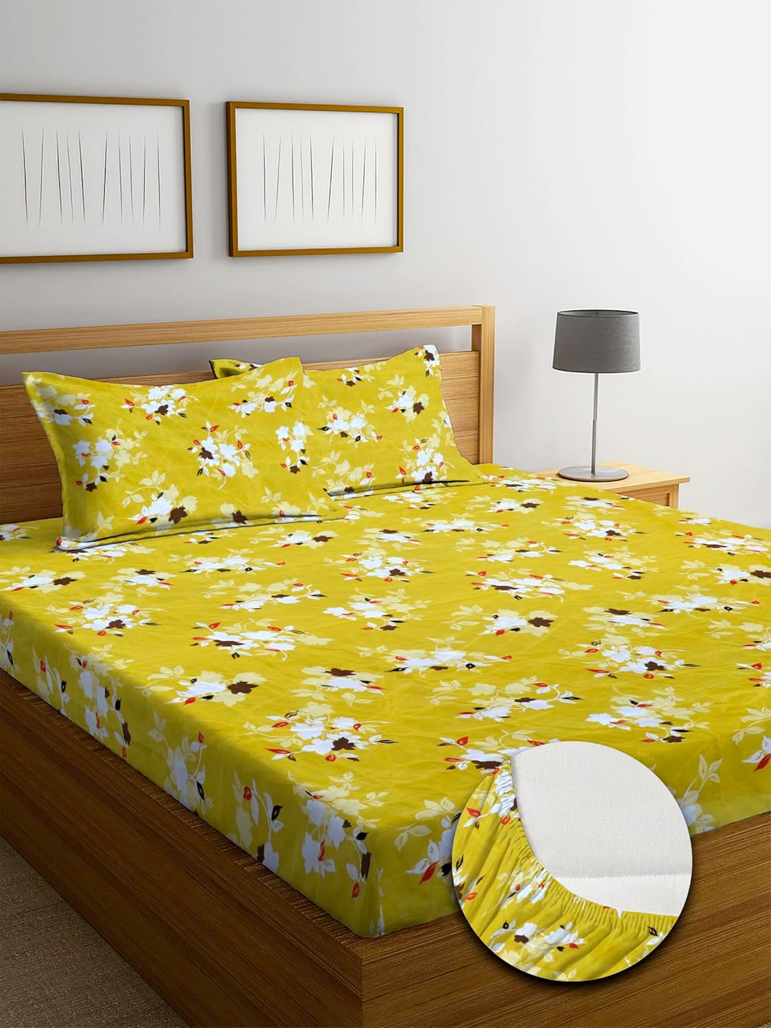 Osric Cotton Elastic Fitted Bedsheet Set, King Size Double Bed 90 x 100, with 2 Pillow Covers, Yellow Colour (Yellow 4)