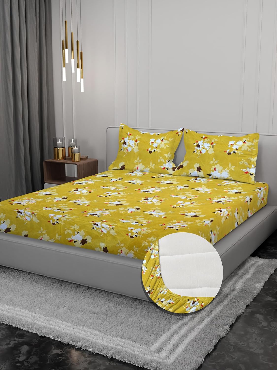 Osric Cotton Elastic Fitted Bedsheet Set, King Size Double Bed 90 x 100, with 2 Pillow Covers, Yellow Colour (Yellow 4)