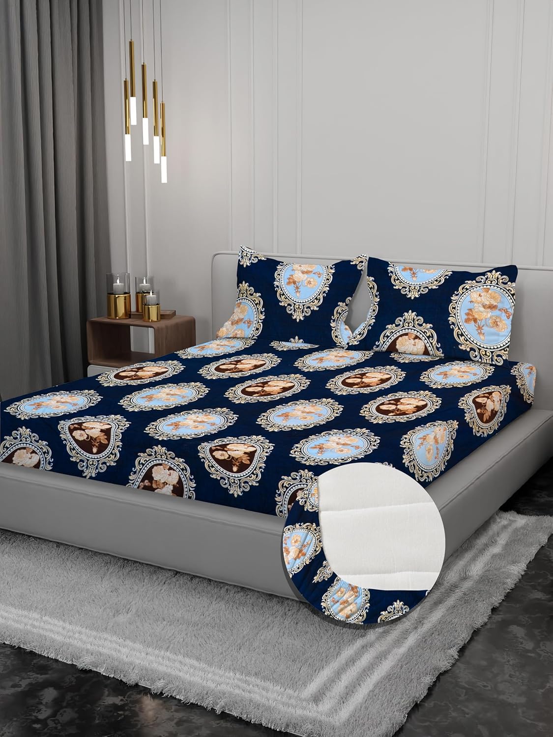Osric Cotton Elastic Fitted Bedsheet Set, King Size Double Bed 90 x 100, with 2 Pillow Covers Navy Blue Medallion Print (Blue Circle 5)