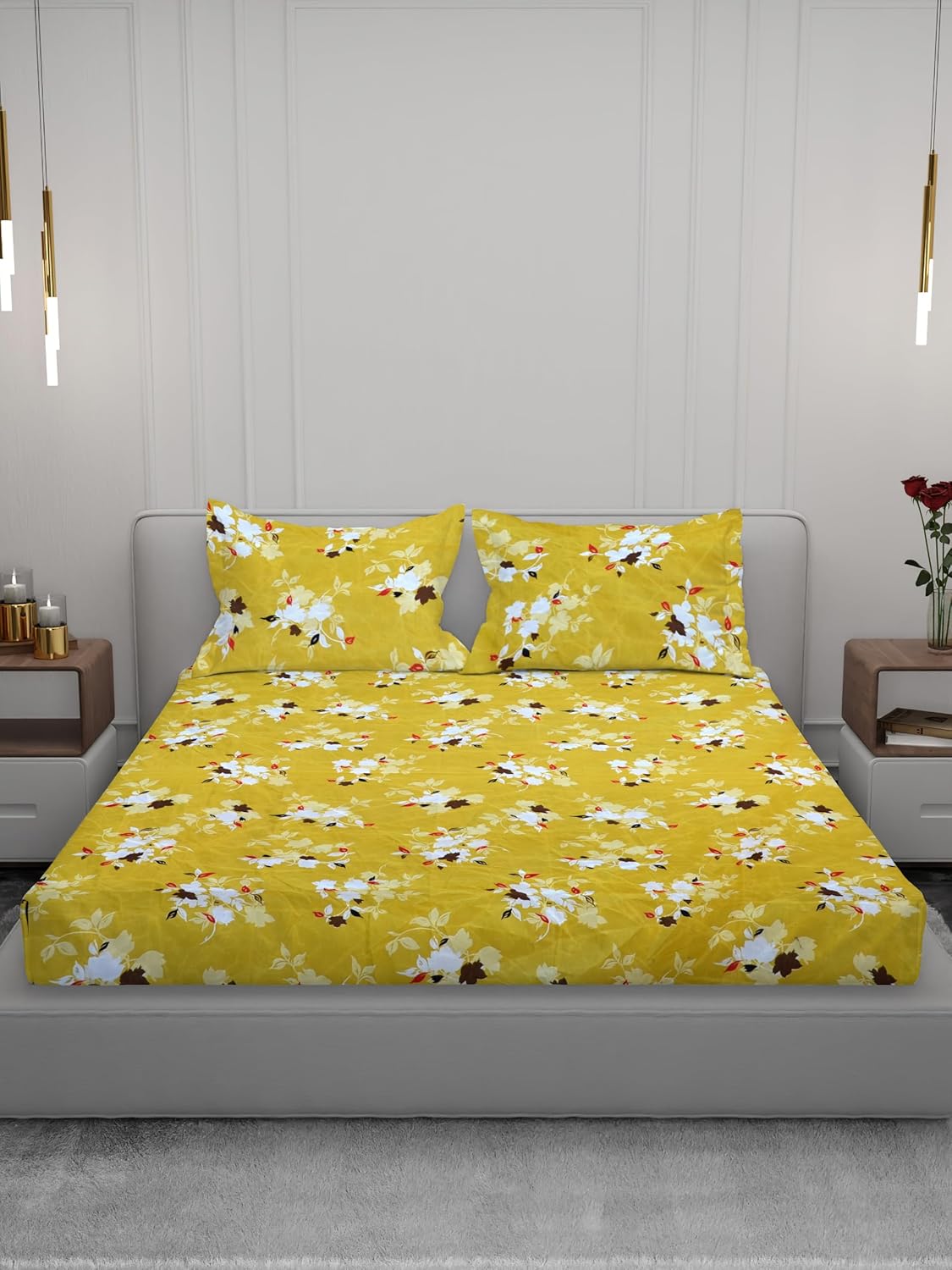 Osric Cotton Elastic Fitted Bedsheet Set, King Size Double Bed 90 x 100, with 2 Pillow Covers, Yellow Colour (Yellow 4)