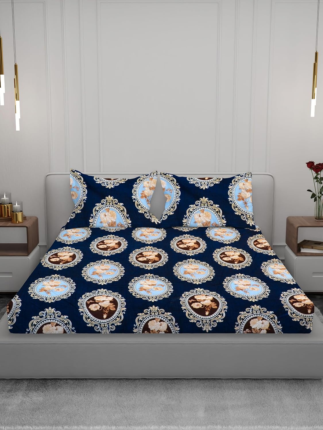Osric Cotton Elastic Fitted Bedsheet Set, King Size Double Bed 90 x 100, with 2 Pillow Covers Navy Blue Medallion Print (Blue Circle 5)