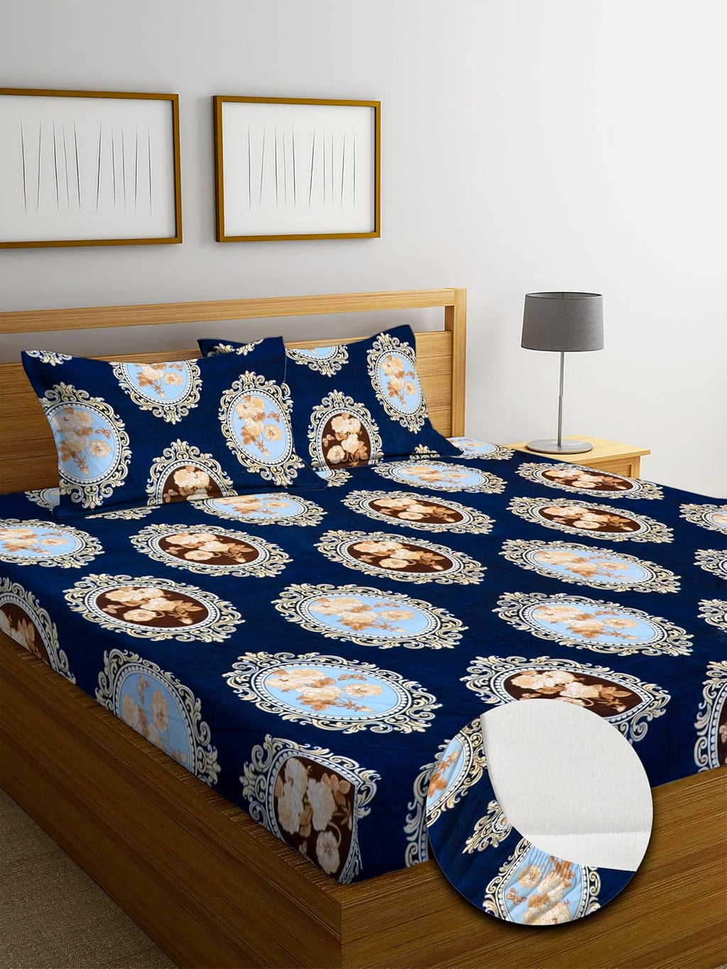 Osric Cotton Elastic Fitted Bedsheet Set, King Size Double Bed 90 x 100, with 2 Pillow Covers Navy Blue Medallion Print (Blue Circle 5)