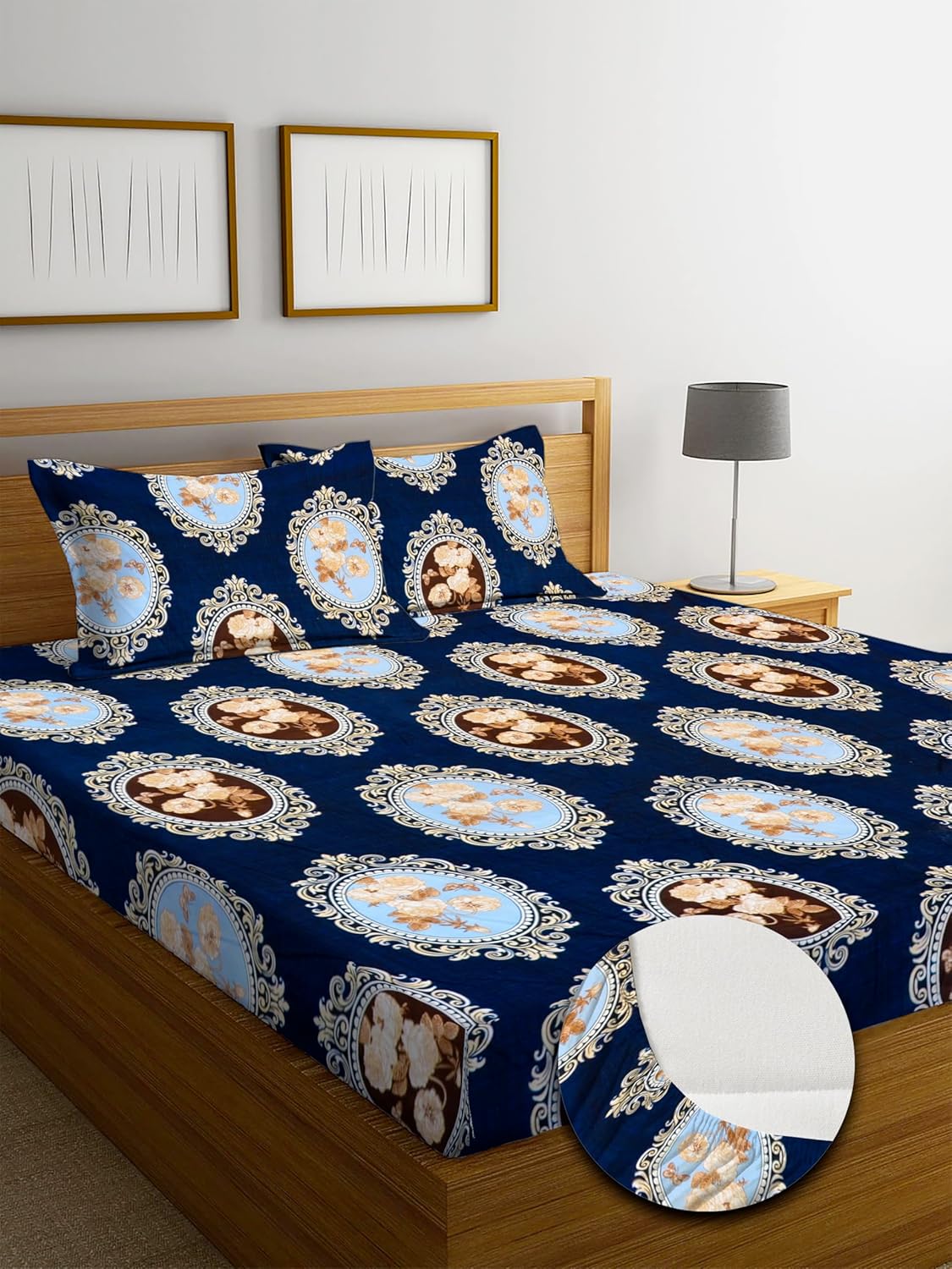 Osric Cotton Elastic Fitted Bedsheet Set, King Size Double Bed 90 x 100, with 2 Pillow Covers Navy Blue Medallion Print (Blue Circle 5)