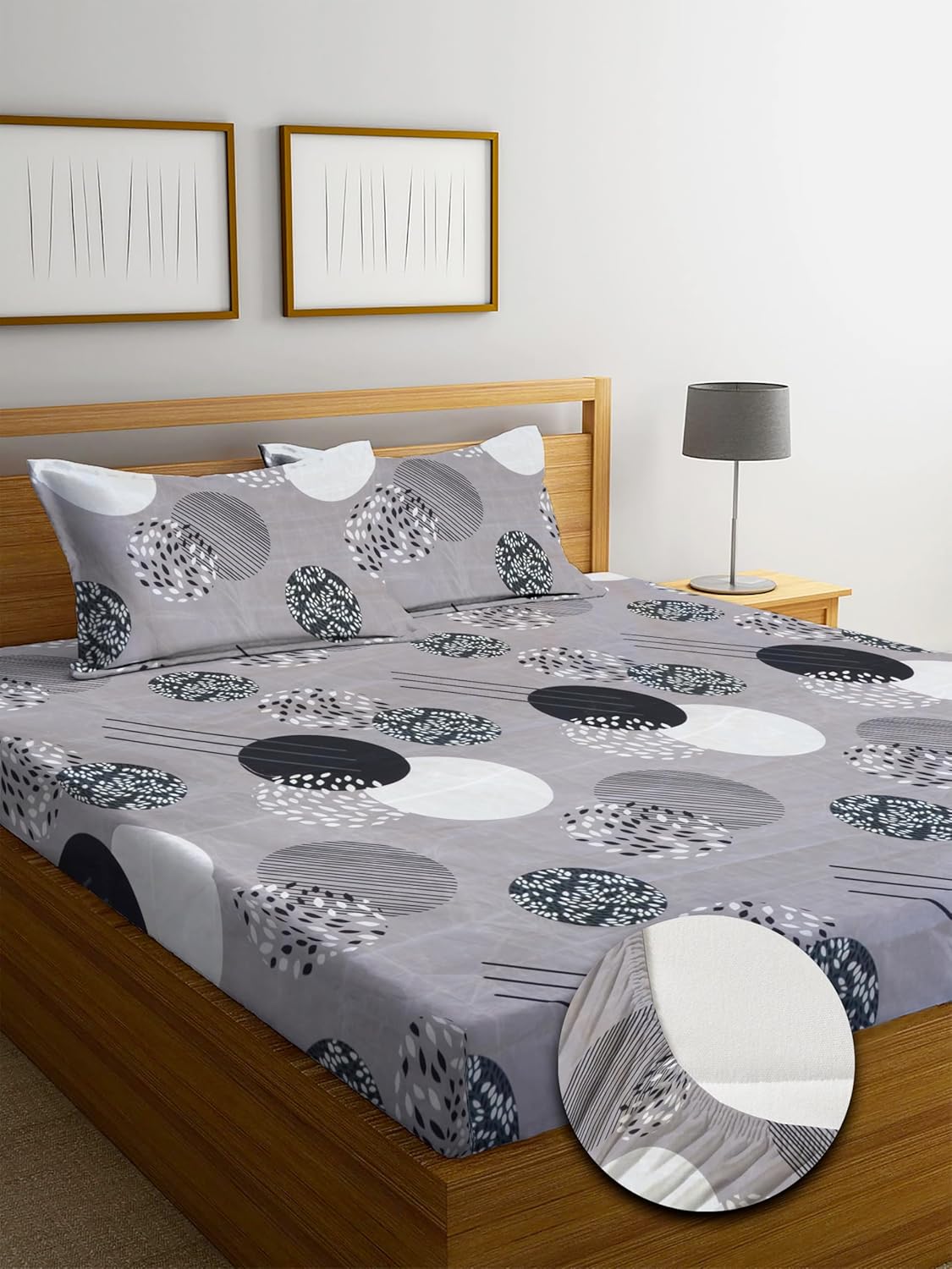 Osric Cotton Elastic Fitted Bedsheet Set, King Size Double Bed 90 x 100, with 2 Pillow Covers Print (Grey Circle 6)