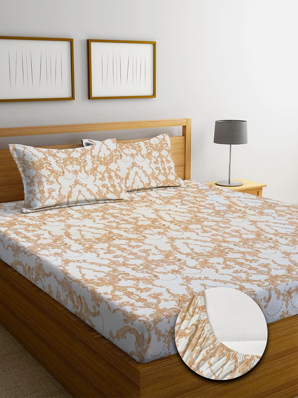 Osric Cotton Elastic Fitted Bedsheet Set, King Size Double Bed 90 x 100, with 2 Pillow Covers,
