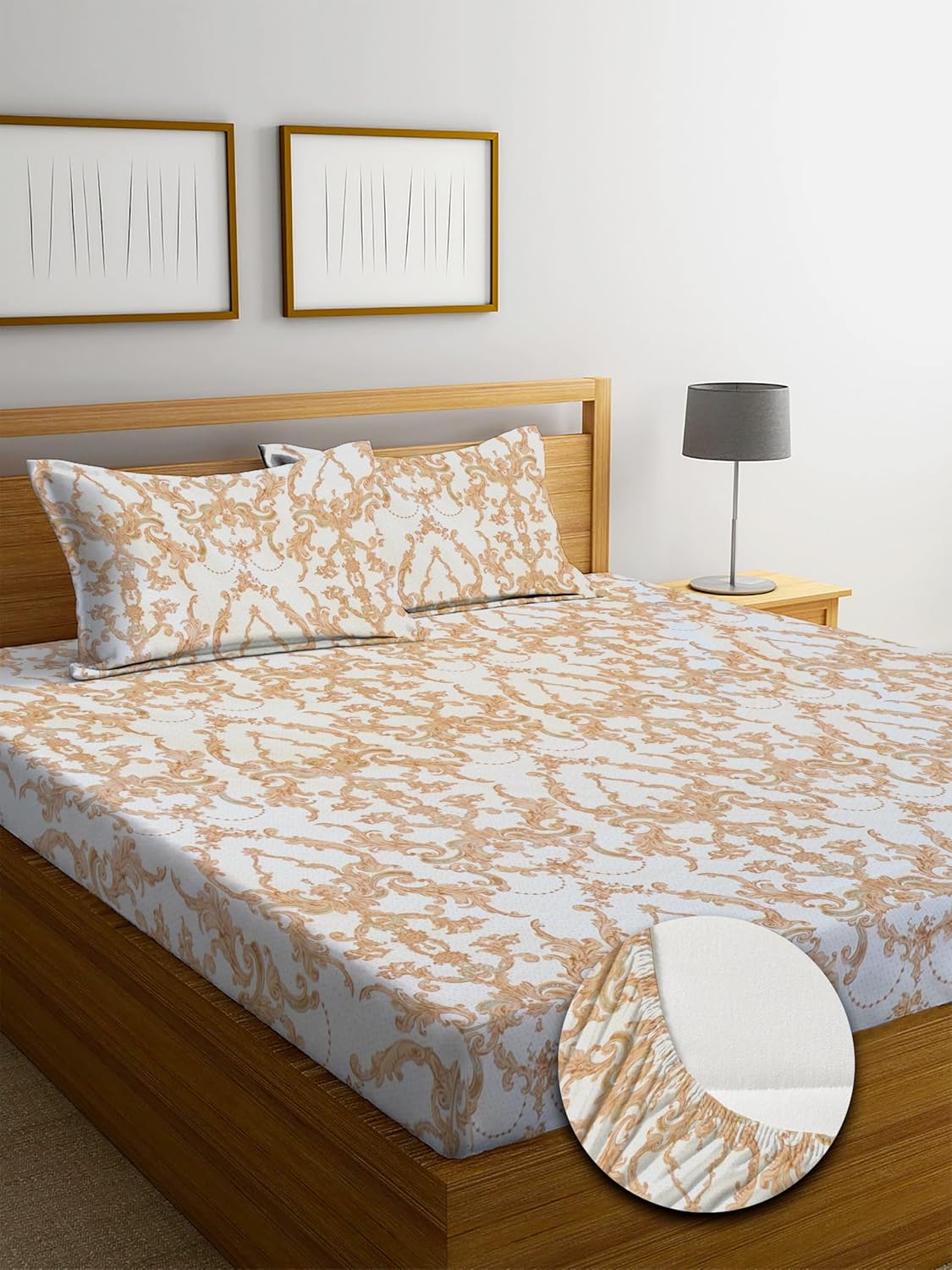 Osric Cotton Elastic Fitted Bedsheet Set, King Size Double Bed 90 x 100, with 2 Pillow Covers,