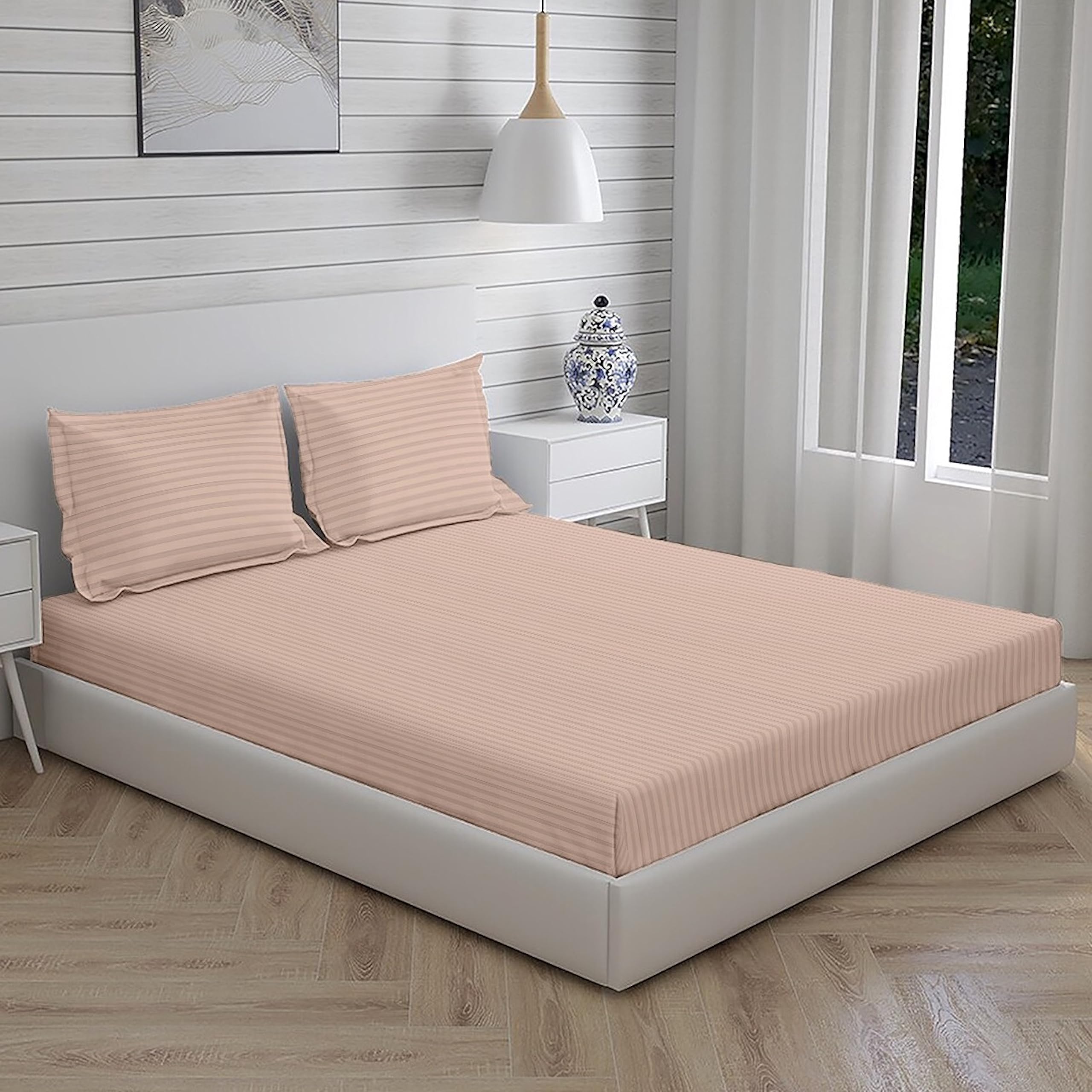 Osric Glace Cotton Fitted Queen Size Double Bedsheet 90x100 inch with 2 Pillow Cover 18x28 inch for Home, Hotel, Guest Room (Grey 300)