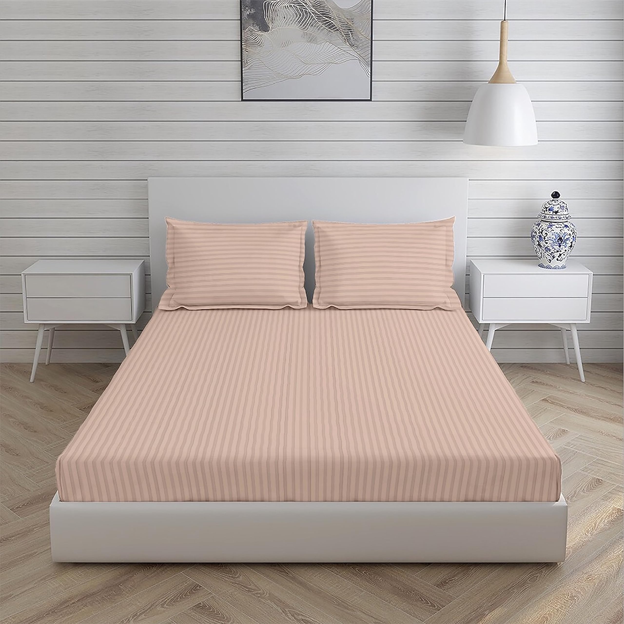 Osric Glace Cotton Fitted Queen Size Double Bedsheet 90x100 inch with 2 Pillow Cover 18x28 inch for Home, Hotel, Guest Room (Grey 300)
