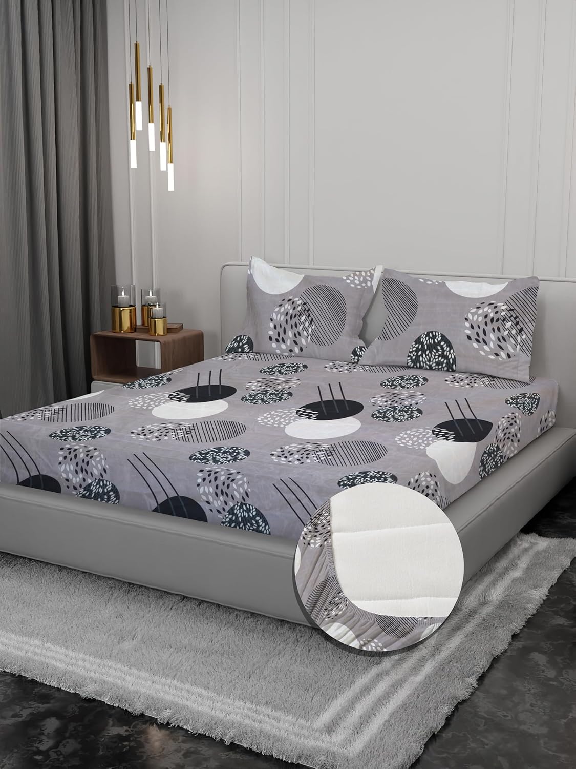 Osric Cotton Elastic Fitted Bedsheet Set, King Size Double Bed 90 x 100, with 2 Pillow Covers Print (Grey Circle 6)