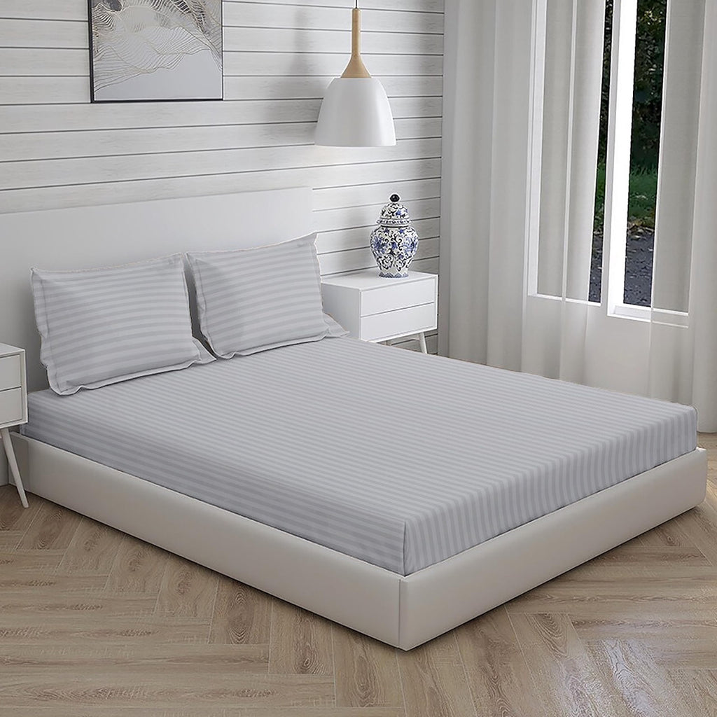 Osric Glace Cotton Fitted Queen Size Double Bedsheet 90x100 inch with 2 Pillow Cover 18x28 inch for Home, Hotel, Guest Room (Grey 300)