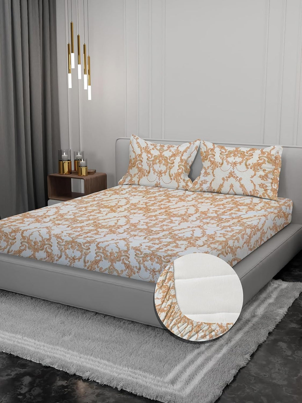 Osric Cotton Elastic Fitted Bedsheet Set, King Size Double Bed 90 x 100, with 2 Pillow Covers,