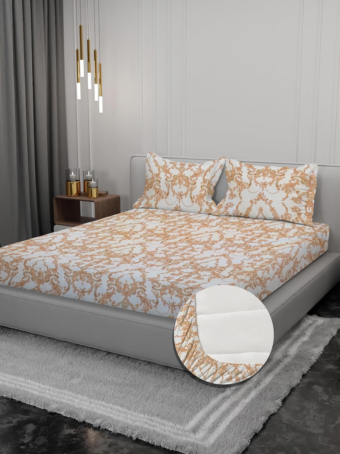 Osric Cotton Elastic Fitted Bedsheet Set, King Size Double Bed 90 x 100, with 2 Pillow Covers,