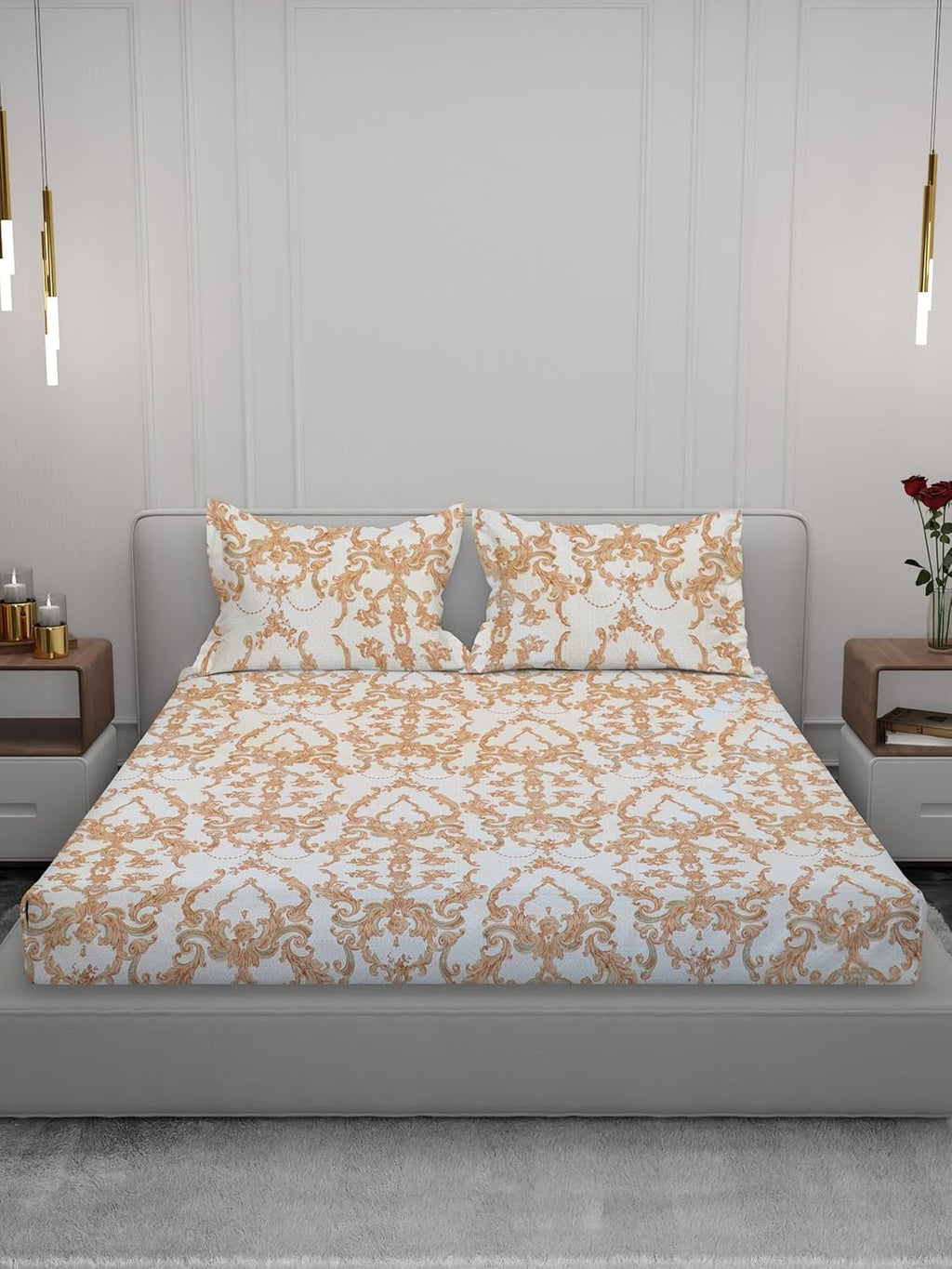 Osric Cotton Elastic Fitted Bedsheet Set, King Size Double Bed 90 x 100, with 2 Pillow Covers,