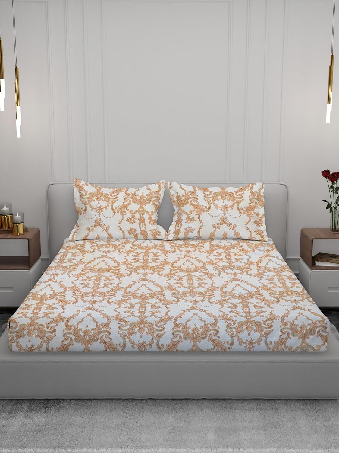 Osric Cotton Elastic Fitted Bedsheet Set, King Size Double Bed 90 x 100, with 2 Pillow Covers,